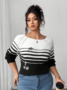 Elenzga Nuovo maglione lavorato a maglia oversize, stile country casual, rilassato ed elegante, con blocchi di colore, righe e ricamo floreale, collo equipaggio, maniche lunghe - Bianco e nero - Visualizzare 5