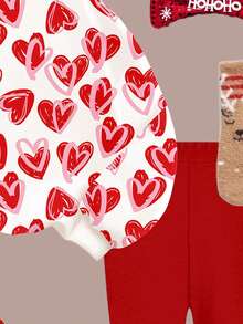 SHEIN Pink & Red Cute Hand-Drawn Cartoon Heart Print Sweatshirt & Leggings Set, Cozy & Soft, Suitable For Valentine's Day, Holidays, Young Girls, Casual Everyday & Home Wear, Autumn/Winter - Multicolor - View 5