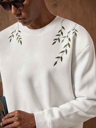 AKNOTIC Men's Plant Embroidery Crew Neck Casual Long Sleeve Sweatshirt Jersey Sweater Sweat Shirts For Men Embroidered Sweatshirt Male Sweater Graphic