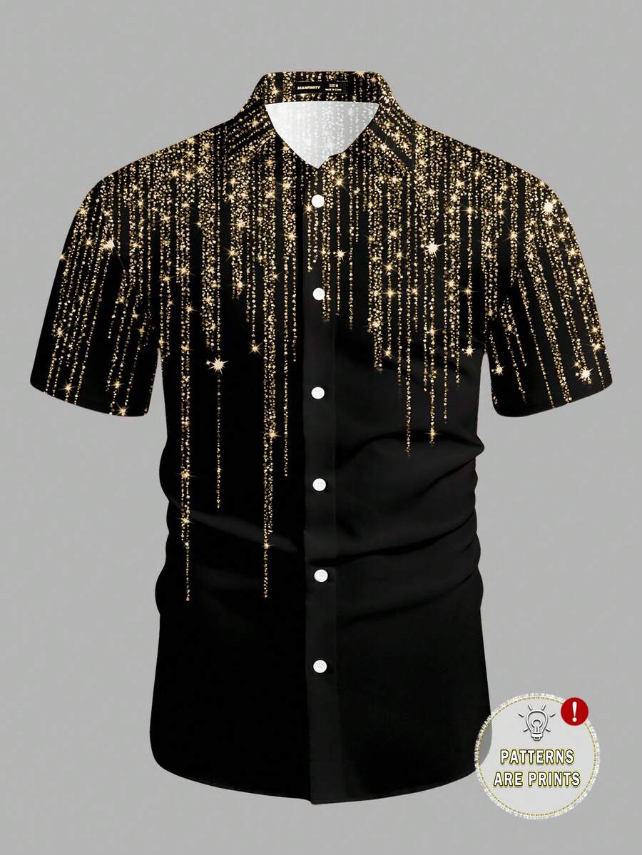 Manfinity AFTRDRK Men's Graphic Print Front Button Casual Fashion Short Sleeve Shirt - Gold - View 1