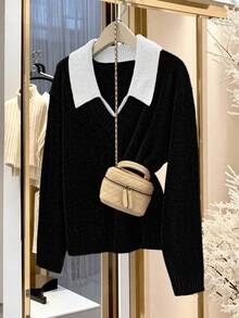 GlowEve CURVE Áo len chui đầu cổ màu tương phản cỡ lớn thời trang đa năng mới - màu đen - Xem 1