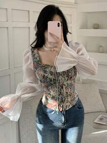 Modelyn Women's Random Print Tie Front Sheer Long Sleeve Elegant Blouse - Apricot - View 2