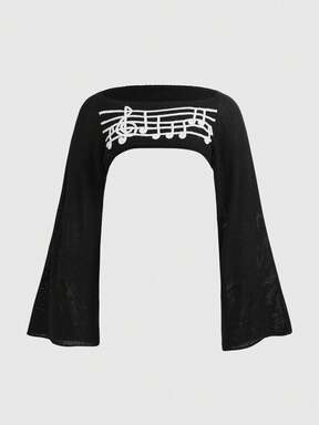 Grunge Punk Plus Size Vintage Y2K Music Note Pattern Loose Cropped Pullover Sweater
