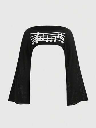 Grunge Punk Große Größen Vintage Y2K Musiknoten Muster Locker geschnittener Crop Pullover