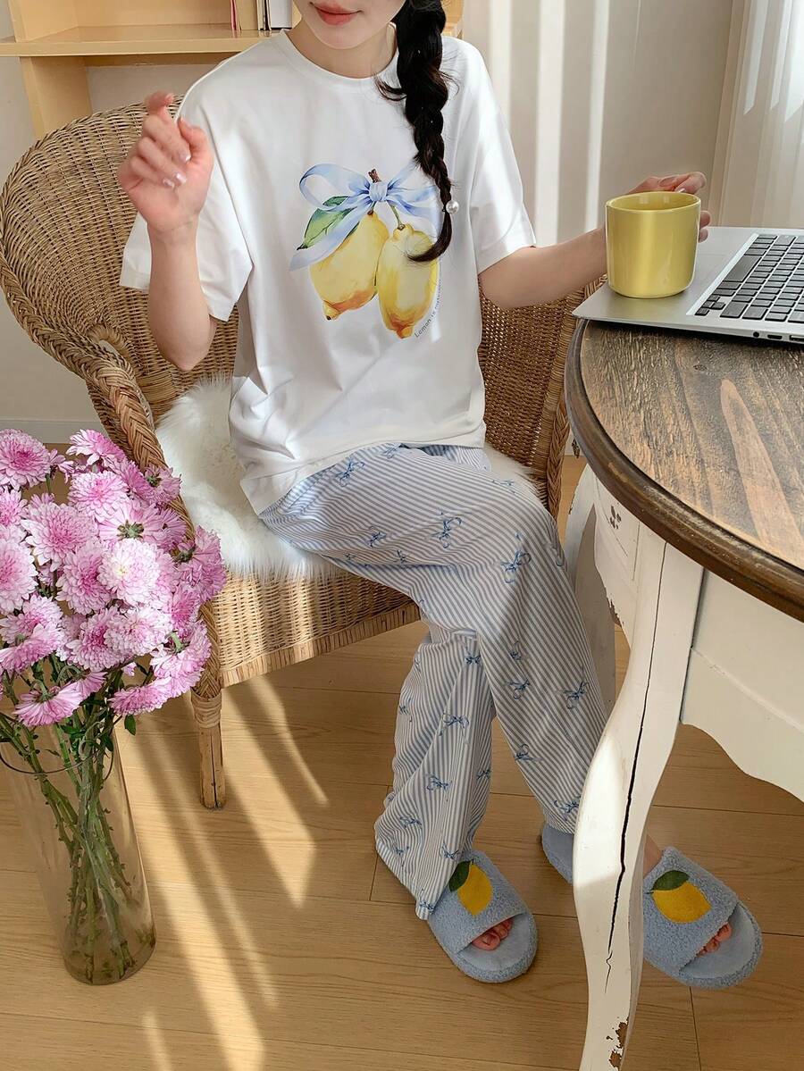 Damen Mode Allover-Muster Kurzarm Top und Hose Set, bequemer Gummibund, Schleife, gestreifter Allover-Muster, Loungewear - Blau-Weiß - Übersicht 1