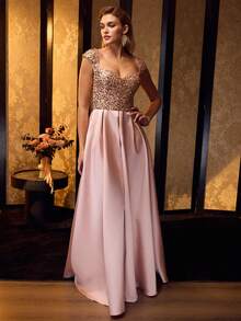 MOTF Soiréza Váy maxi dự tiệc tay ngắn cổ tim thanh lịch dành cho nữ, chất liệu vải sequin kết hợp với viền satin cỡ lớn, hoàn hảo cho tiệc cưới, dạ hội và tiệc tối lễ hội - Rượu sâm banh - Xem 5