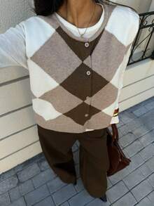 Siren Gaze 女士棕色菱形格纹针织背心，秋冬新品 - 棕色 - 查看 5