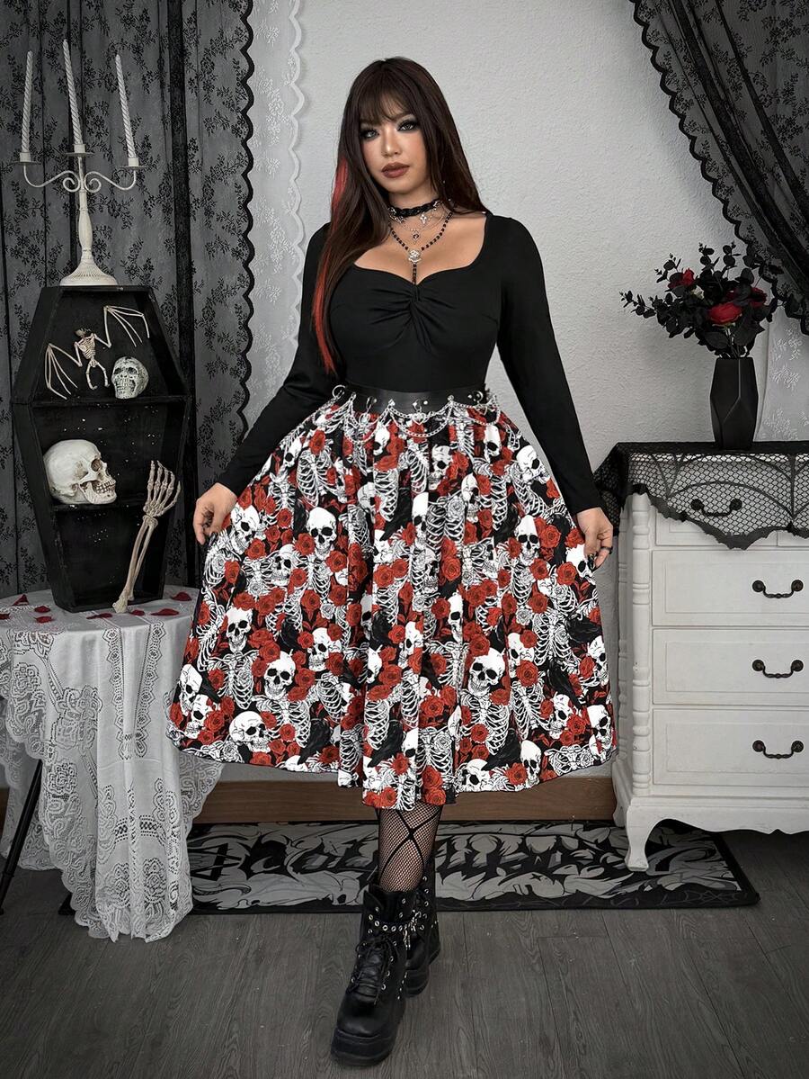 Whyspr 大码女式性感修身休闲百搭不规则A字拼接骷髅玫瑰印花长袖连衣裙，朋克风，适合返校、情人节、日常穿着，春夏秋季皆宜。 - 彩色 - 查看 1