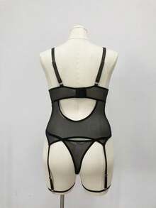 SHEIN 4件套加大码蕾丝撞色网眼内衣套装 - 黑色 - 查看 6