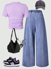 SHEIN ChillGRL Bộ 2 áo thun xếp ly thường ngày và quần jean ống đứng kèm quần thêu 3D cho bé gái - Nhiều màu - Xem 2