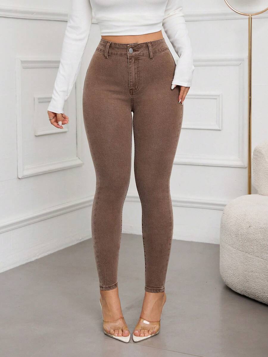 SHEIN Essnce 女士高腰口袋修身休闲百搭牛仔裤 - 咖啡棕 - 查看 1