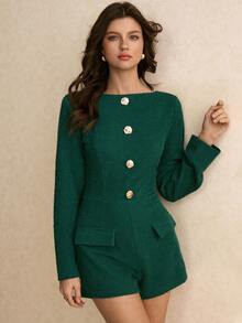 Poéselle Bộ đồ liền thân dài tay cài nút phía trước thanh lịch dành cho nữ, mùa thu - Màu xanh lá cây đậm - Xem 2