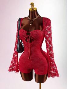 Amplova 情人节及新年红色镂空修身迷你连体裤（女款） - 紅色 - 查看 1