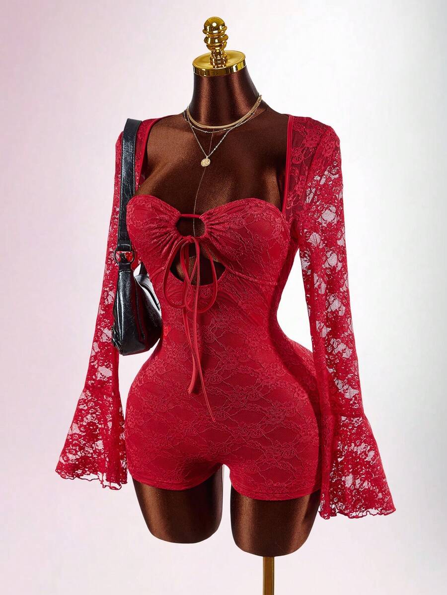 Amplova 情人节及新年红色镂空修身迷你连体裤（女款） - 紅色 - 查看 1
