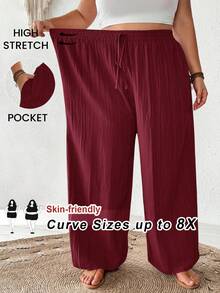 SHEIN CURVE+ 大码女式夏季休闲沙滩裤，时尚商务通勤优雅阔腿裤，带口袋，夏季裤装，适合夏季/乡村/海滩度假/沙滩/沙滩装 - 酒紅色 - 查看 4