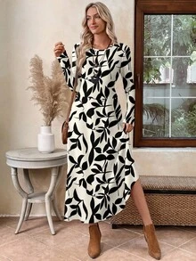 EMERY ROSE Vestido largo elegante de mujer con estampado de hojas en blanco y negro, adecuado para citas, salidas y viajes al trabajo - Multicolor - Ver 4