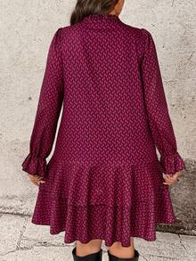 Breezaya Plus Size Women Geometric Print Ruffle Hem Long Sleeve Casual Swing Dress Lantern Sleeve Dress Patterned Dress - Burgundy - View 2