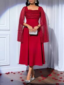 SHEIN Lady Women's Poncho Sleeve Square Collar Elegant Dress - Burgundy - View 3