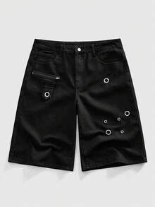 ROMWE MEN Grunge Punk Men's Solid Color Asymmetrical Eyelet Denim Shorts - Black - View 8