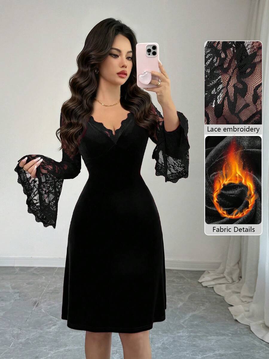 Modelyn 女士秋冬蕾丝拼接天鹅绒V领荷叶袖修身时尚连衣裙 - 黑色 - 查看 1