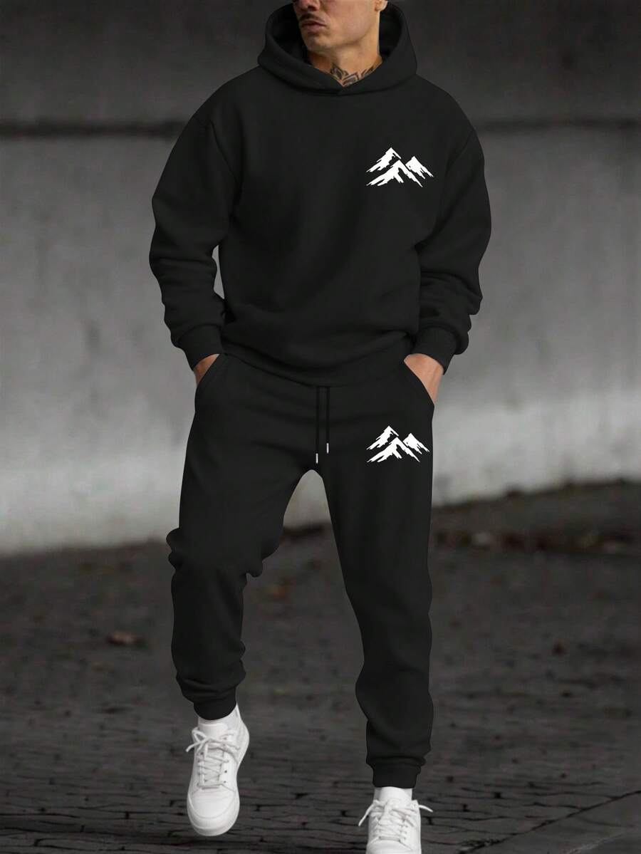 Manfinity Homme 男士山景印花休闲卫衣和运动裤套装（2件套），秋冬服装 - 黑色 - 查看 1