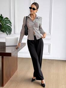 SHEIN Frenchy Women's Brown Plaid Button Up Shirt,Effortless Chic Cotton Blouse For Autumn,Office,Back-To-School,Business Casual Checkered Printed Waist Tops - Multicolor - View 5