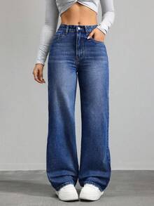 ICON Pantalones vaqueros de pierna recta versátiles de unicolor con bolsillo - Azul lavado oscuro 2 - Ver 7