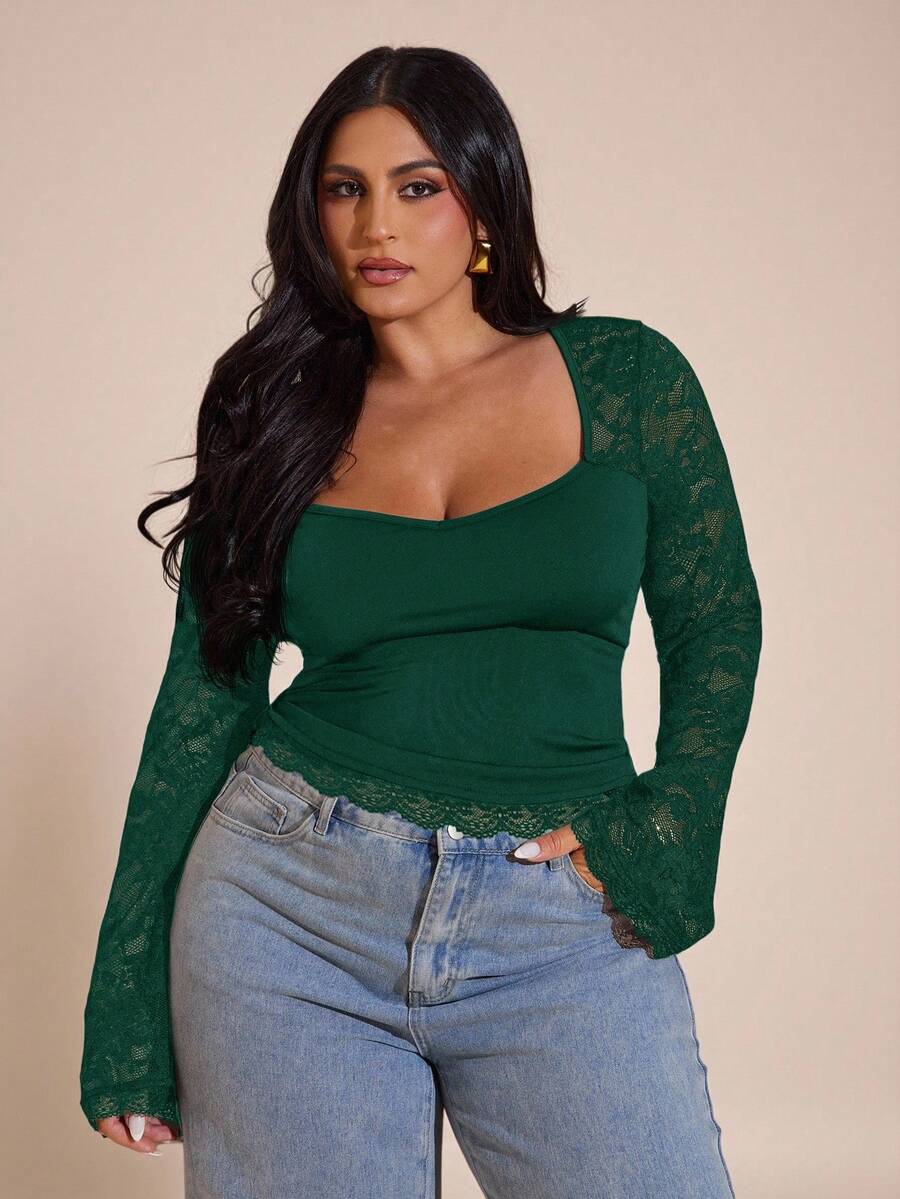 SHEIN BAE Plus Size Women's Elegant Sweetheart Neck Contrast Lace Long Sleeve Blouse, Spring/Autumn - Dark Green - View 1