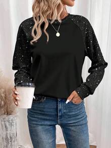 EMERY ROSE Women's Glitter Raglan Long Sleeve Sweatshirt, Suitable For Autumn/Winter - Black - View 5