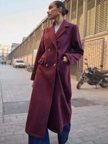 Maija Manteau long bordeaux pour femmes, coupe ample, chaud et doux, style business décontracté pour le bureau, élégant discret, veste urbaine moderne pour le trajet quotidien et le streetwear d'automne/hiver - Rouge foncé - Voir 2