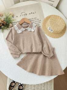 SHEIN Bộ áo len và chân váy xếp nếp màu tương phản dễ thương cho bé gái - Màu Khaki - Xem 5