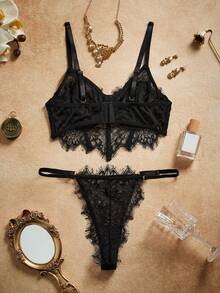 2pcs Lace Contrast Mesh Underwire Bra Set - Black - View 2