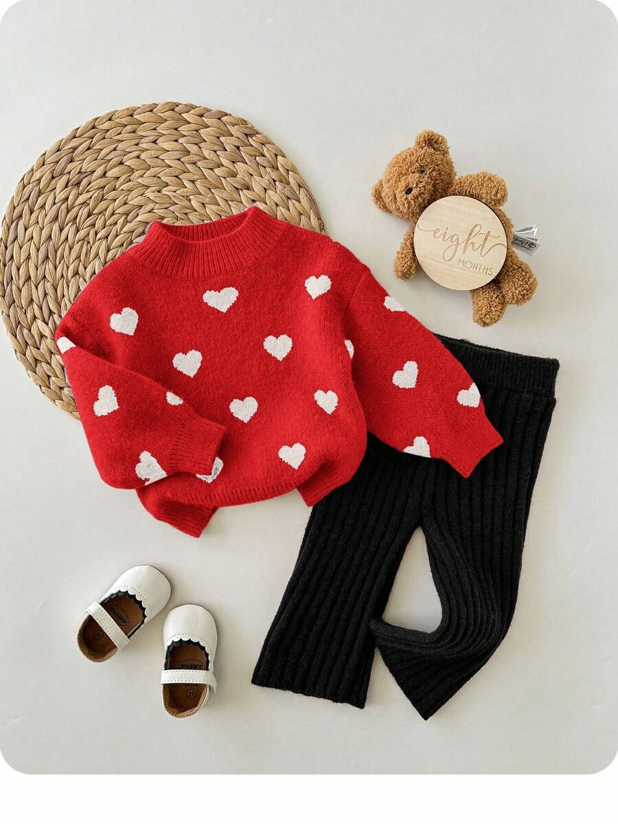 SHEIN 2 件套女婴可爱波尔卡圆点长袖毛衣和松紧腰裤套装，休闲秋冬 - 紅色 - 查看 1