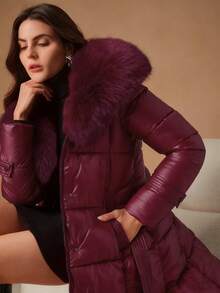 Anewsta Women's Mid-Length Winter Coat With Fur Collar, Fashionable Cinched Waist Waist Design - Burgundy - View 4