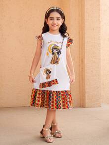 SHEIN 女童印花可爱配饰装饰连衣裙，可爱简约，时尚舒适，适合室内外穿着。 - 彩色 - 查看 3