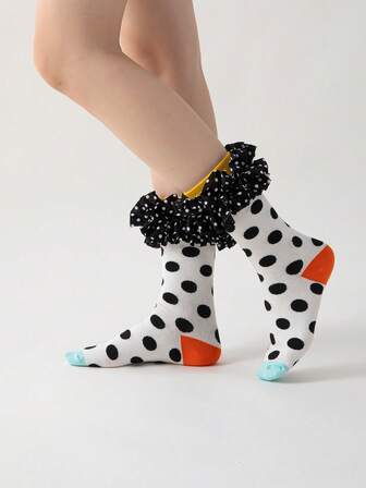 Kawaii Damen Socken mit Polka Punkt Muster, Mesh Einsätzen und Rüschen-Saum, süß