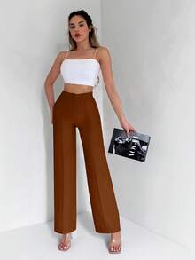 EURMUSE Solid High Waist Straight Leg Suit Pants - Brown - View 5