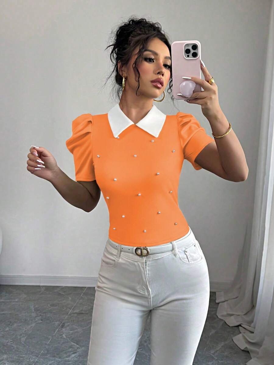 Elenzga Camiseta ajustada de mujer con cuello, contraste de blanco y negro, con cuentas en forma de burbuja, para uso diario elegante - Naranja - Ver 1