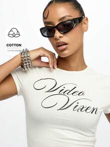 SUMWON WOMEN Video Vixen Crop Top Baby Tee Festival Y2K Aesthetic Casual Summer Short Sleeve Statement Graphic T-Shirt Streetwear Fashion Basic Fitted Tee - White - View 1