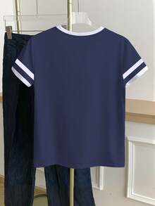 Resyla 女士撞色圆领短袖休闲百搭T恤 - 藏蓝色 - 查看 2