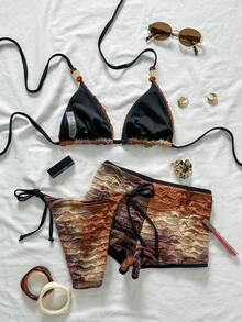 EgrlEra 女士扎染提花面料露背性感比基尼三件套，沙滩度假 - 彩色 - 查看 6