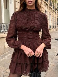 SHEIN PariChic Autumn/Winter New Retro Chic-Inspired Chocolate Brown Jacquard Dress | Stand Collar With Draped Pleats, Waist-Defining Silhouette, Puff Sleeves & Multi-Layer Ruffled A-Line Mini Dress | High-End Niche Elegance For The Discerning Woman French Style Clothes Paris Outfits Women Autumn Dress Faux Fur Coffee Brown Dress Dark Brown Dress Carnaval - Brown - View 6