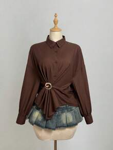 Elamini 女士棕色上衣，优雅休闲百搭，适合聚会、通勤等场合，金属装饰纽扣长袖衬衫，秋冬款 - 棕色 - 查看 4