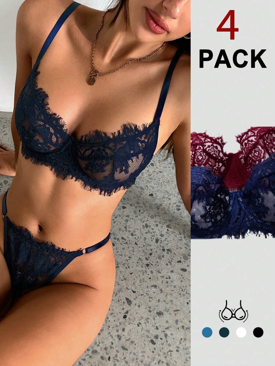 Aloruh New Year, Christmas, Party, High-End, Quality, Versatile Wear, Sexy, Woman, Red, Blue, Sexy Gathered 3/4 Cup Bralette, Lace Sexy Women's Underwear Set 2 Pieces Women's Sexy Lace Bra And Panty Set - Multicolor - View 1