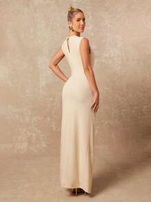 Lumalex Women's Elegant Beige Summer Maxi Dress,Round Neck Pleated Metal Décor Sleeveless Fitted Evening Gown,High Split Hem Dining Party Wedding Guest Dress - Apricot - View 8