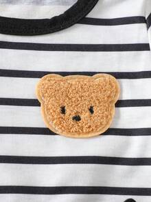 SHEIN 新生儿短袖套装，黑白条纹男婴T恤两件套，婴儿小熊刺绣夏季新品 - 黑色 - 查看 4