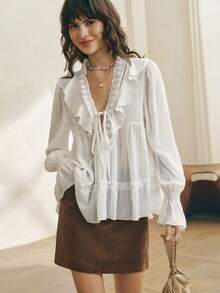 Cévolie 女士优雅通勤荷叶边系带梭织衬衫 - 白色 - 查看 1