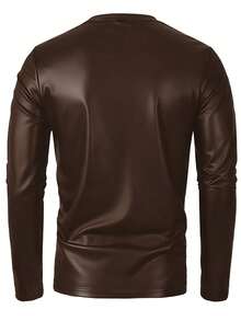 Manfinity LEGND T-shirt décontracté à manches longues et col en V en PU de couleur unie pour hommes - Marron - Voir 2