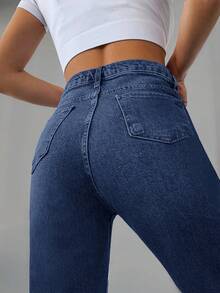 RueChic Zipper Fly Straight Leg Jeans With Slanted Pockets - Navy Blue - View 3