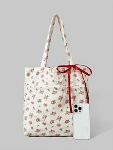 ROMWE Fairycore 1个全印花花卉图案大容量印花灯芯绒手提袋 - 多色10 - 查看 3